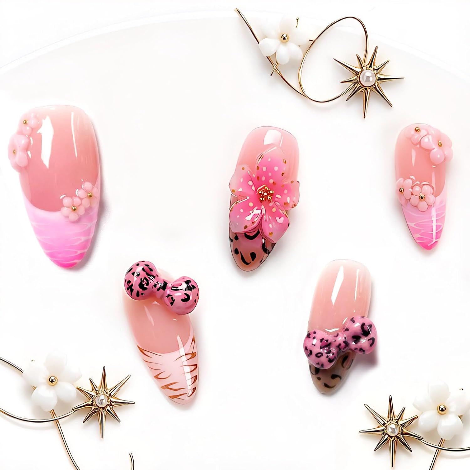 Handmade Press on Nails Medium Almond - 3D Leopard Bow & Floral Pink Ombre - Image 4