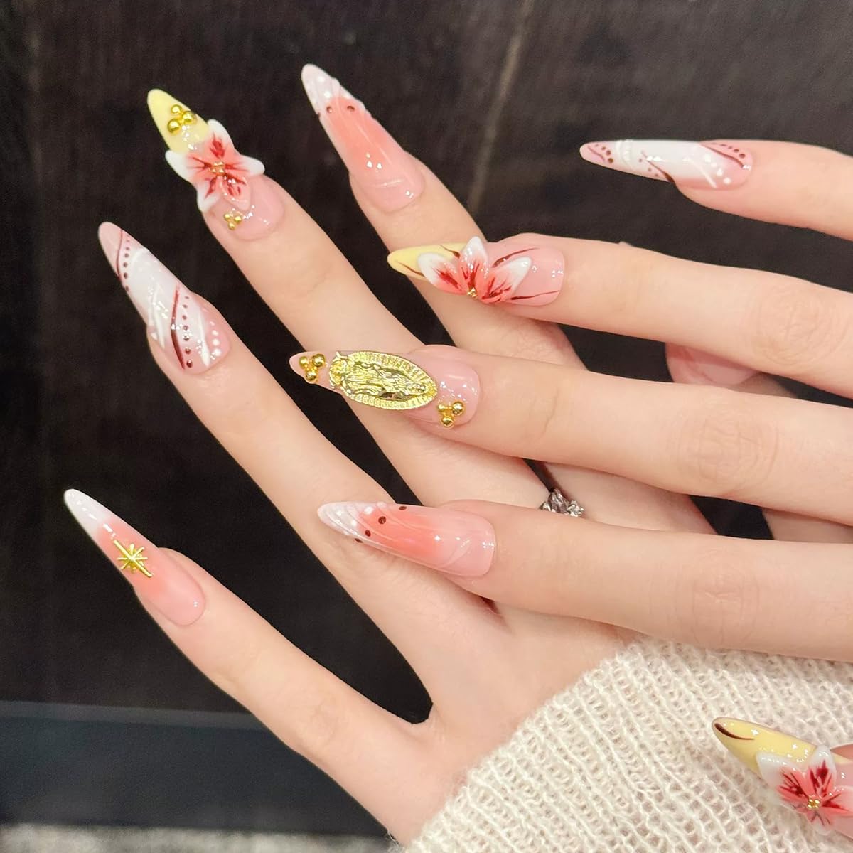 10pcs Handmade Press on Nails Long Stiletto False Nails Yellow French Tip Fake Nails with 3D Pink - Image 6