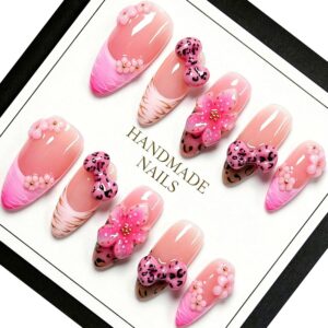 Handmade Press on Nails Medium Almond - 3D Leopard Bow & Floral Pink Ombre