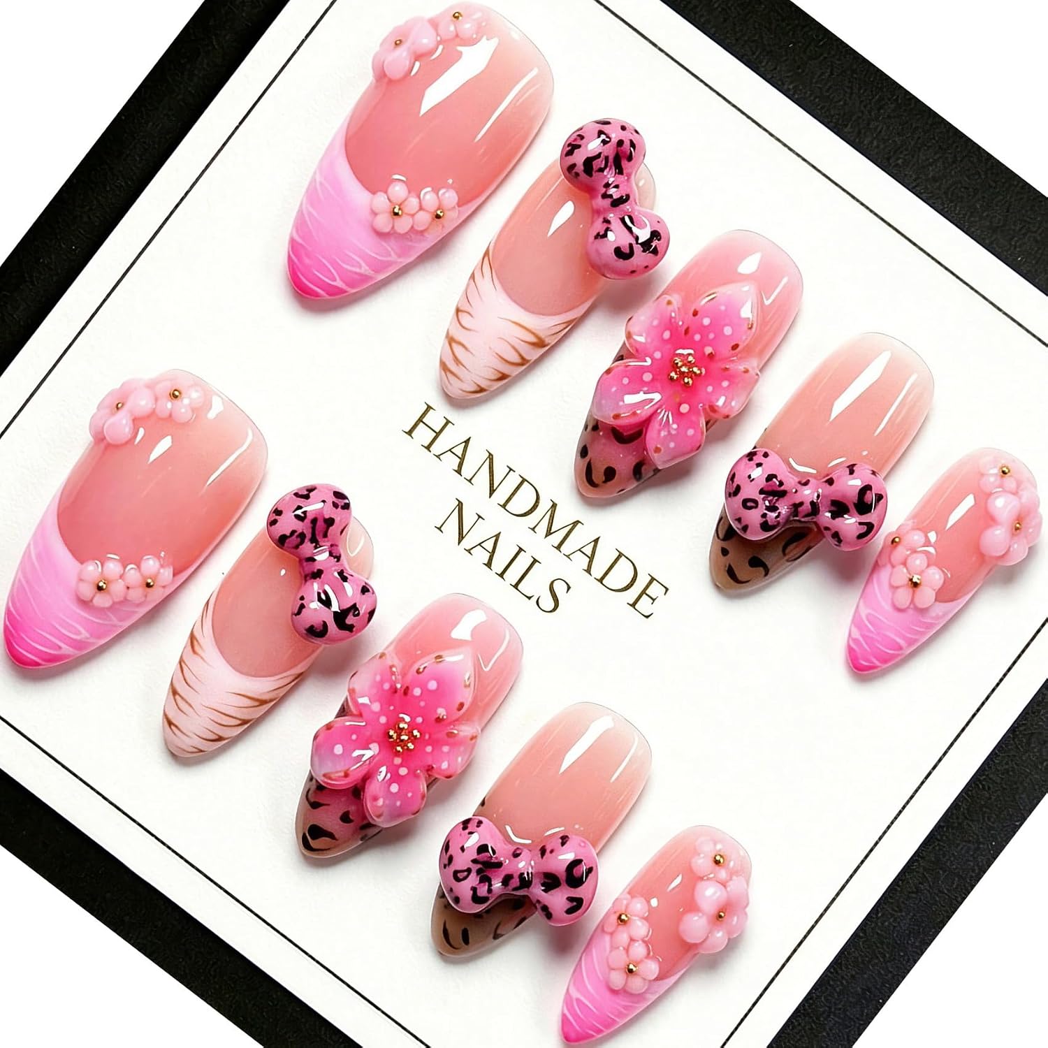 Handmade Press on Nails Medium Almond - 3D Leopard Bow & Floral Pink Ombre