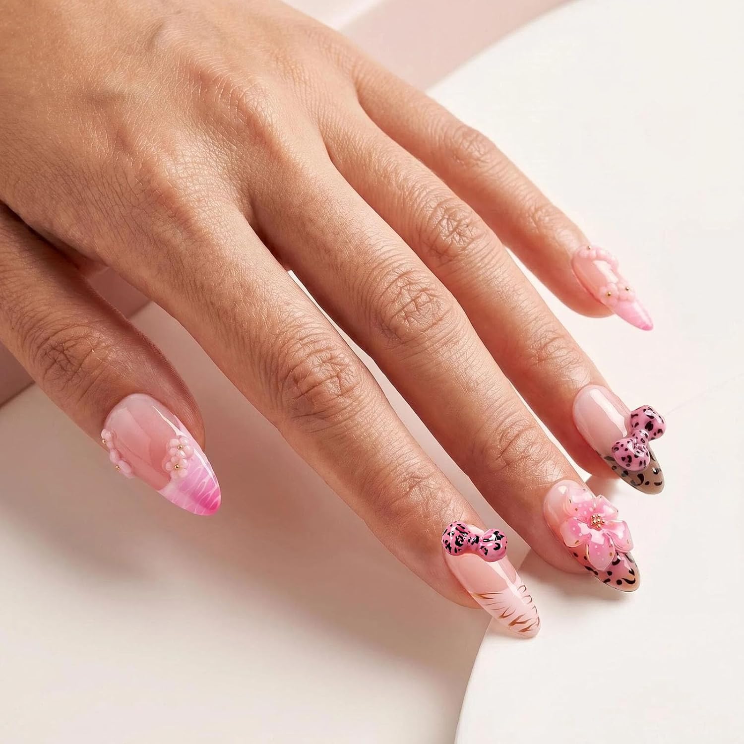 Handmade Press on Nails Medium Almond - 3D Leopard Bow & Floral Pink Ombre - Image 3