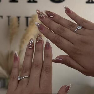 Ombre Press on Nails Medium Almond Fake Nails with Gold Flowers Design Glossy White French Tips