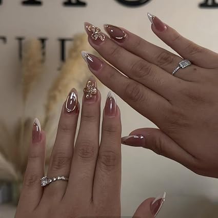 Ombre Press on Nails Medium Almond Fake Nails with Gold Flowers Design Glossy White French Tips