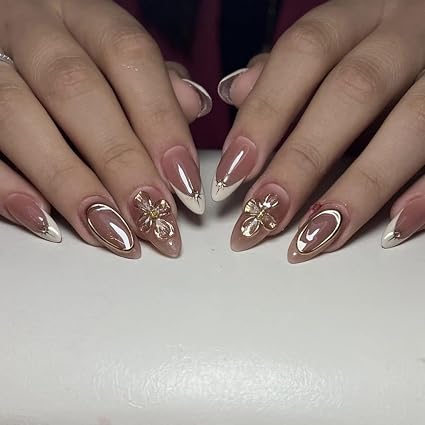 Ombre Press on Nails Medium Almond Fake Nails with Gold Flowers Design Glossy White French Tips - Image 6