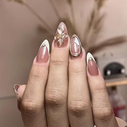 Ombre Press on Nails Medium Almond Fake Nails with Gold Flowers Design Glossy White French Tips - Image 2