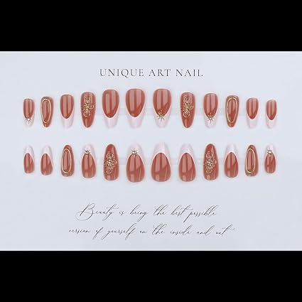 Ombre Press on Nails Medium Almond Fake Nails with Gold Flowers Design Glossy White French Tips - Image 4